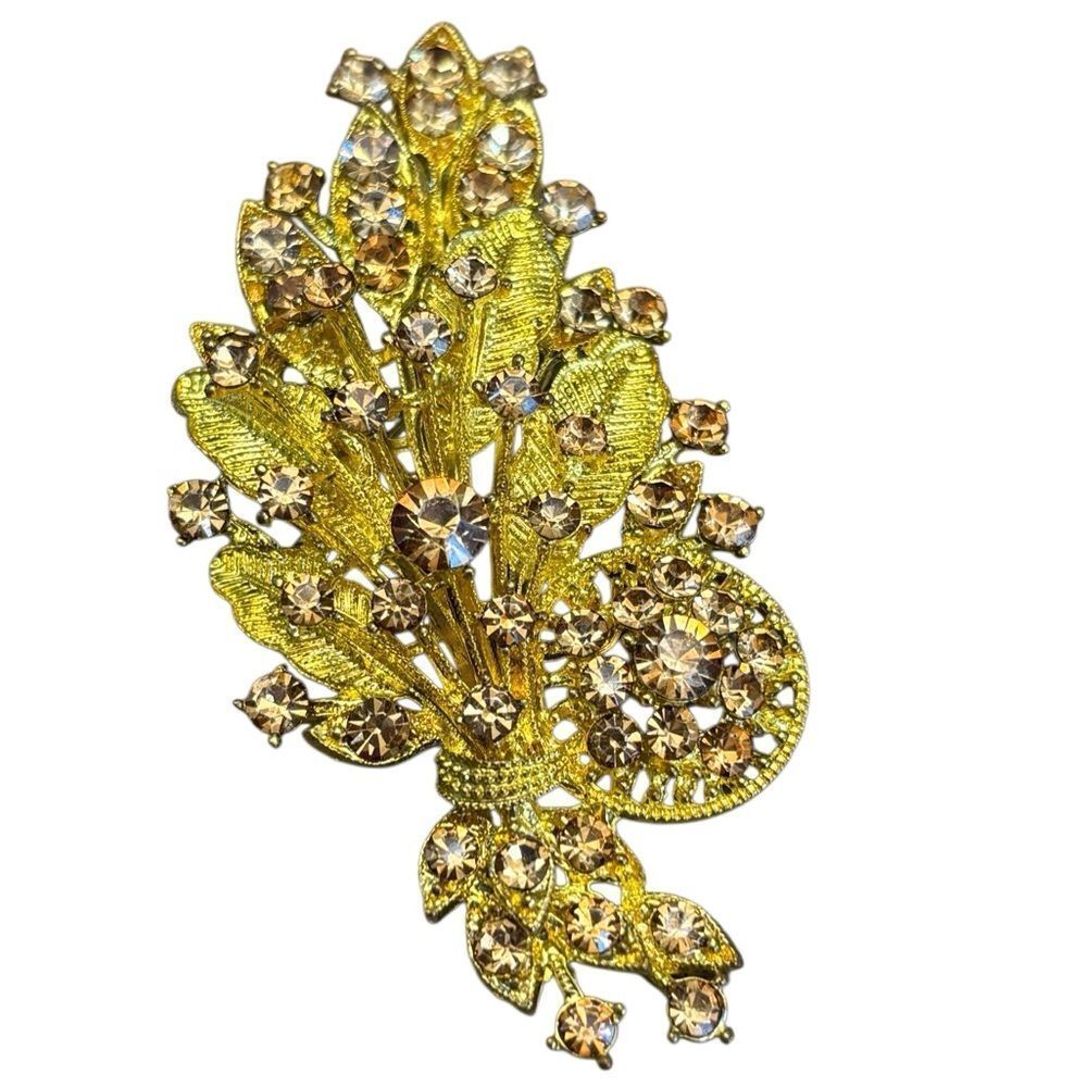 Vintage Gold Tone Rhinestone Floral Spray Brooch Large 3” Champagne Crystal